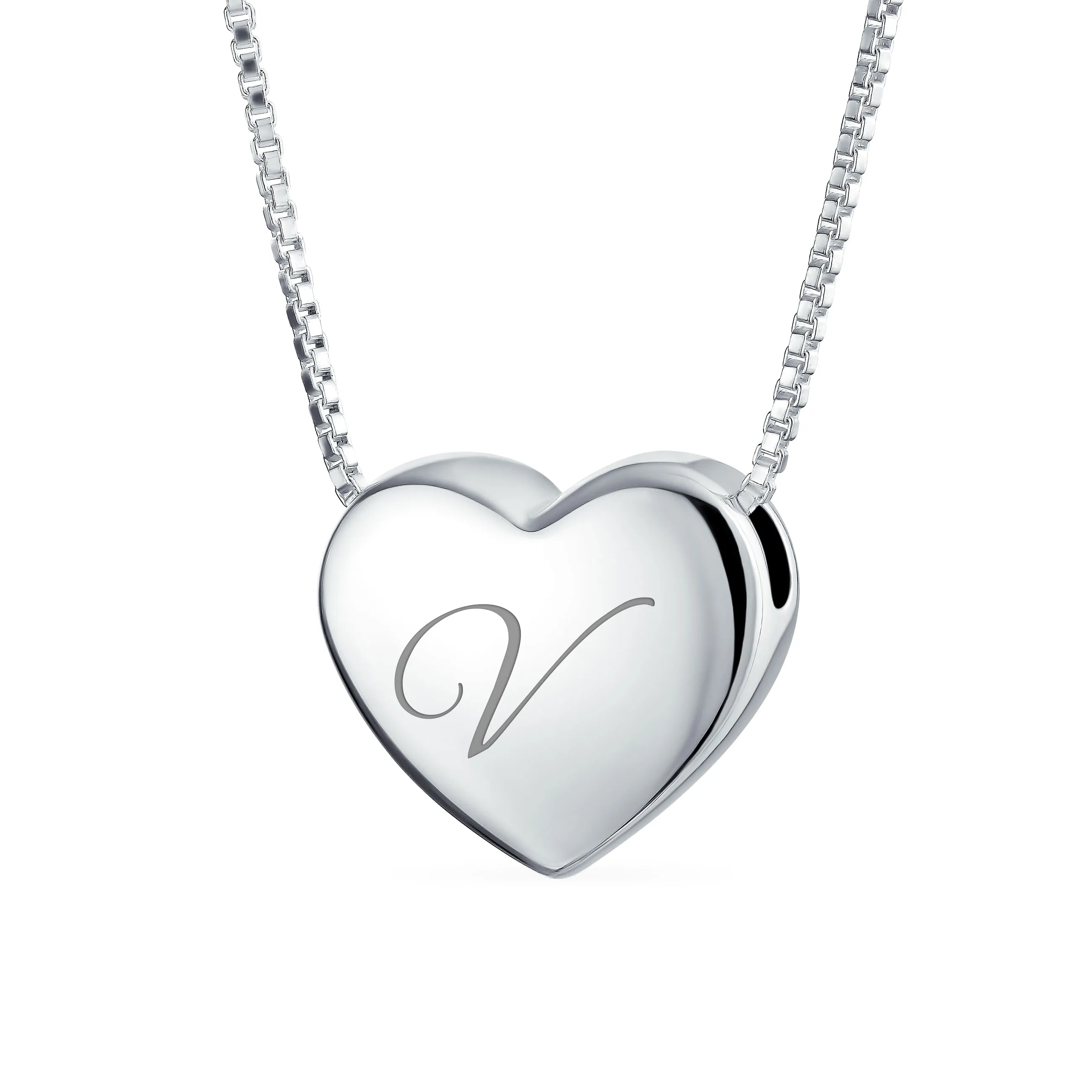 Plain Script Alphabet Initial Heart Pendant Necklace in Sterling Silver