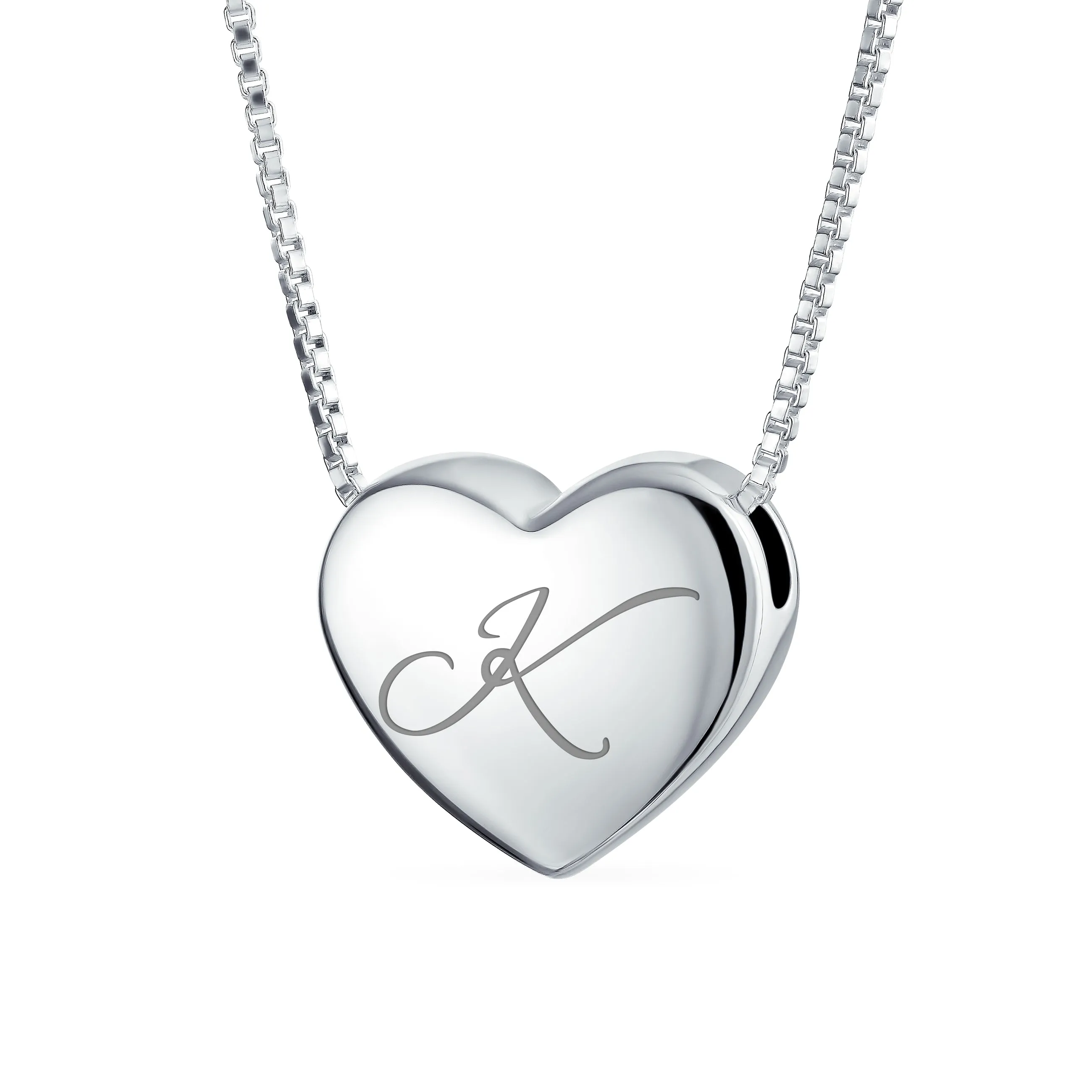 Plain Script Alphabet Initial Heart Pendant Necklace in Sterling Silver