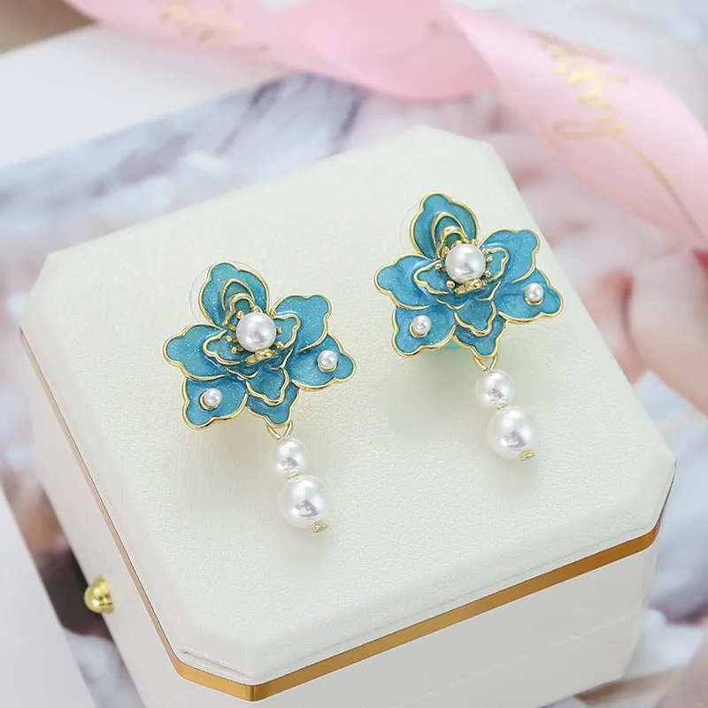 Pre Order:  Blue Flower Dripping Pearl Earrings