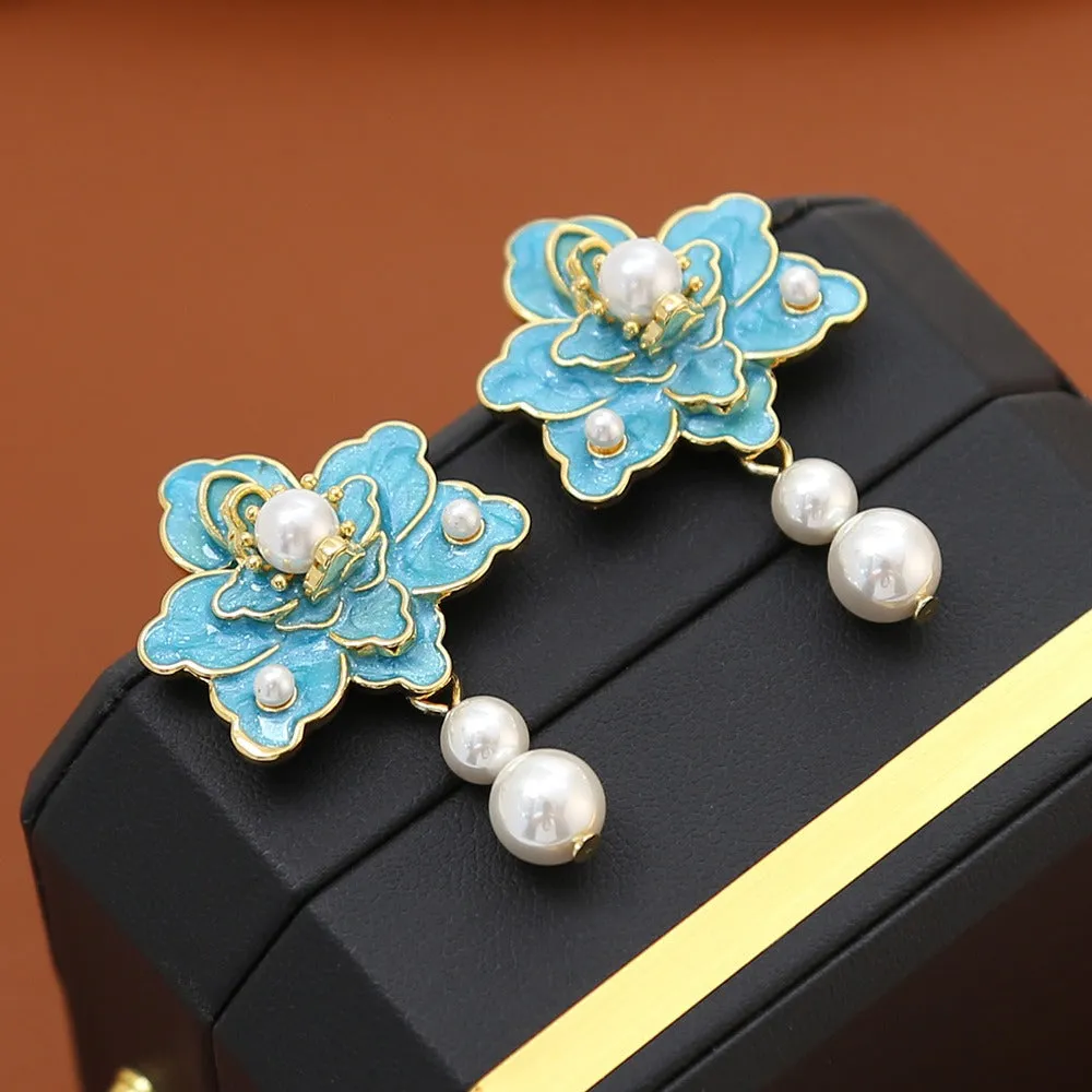 Pre Order:  Blue Flower Dripping Pearl Earrings