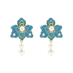 Pre Order:  Blue Flower Dripping Pearl Earrings