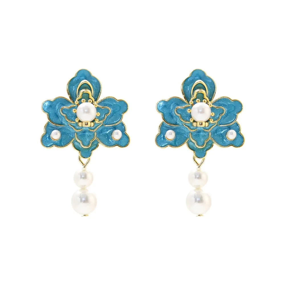 Pre Order:  Blue Flower Dripping Pearl Earrings