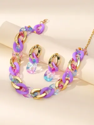 Purple and Gold Color Chain Necklace & Drop Earrings for Women Jewelry for Women