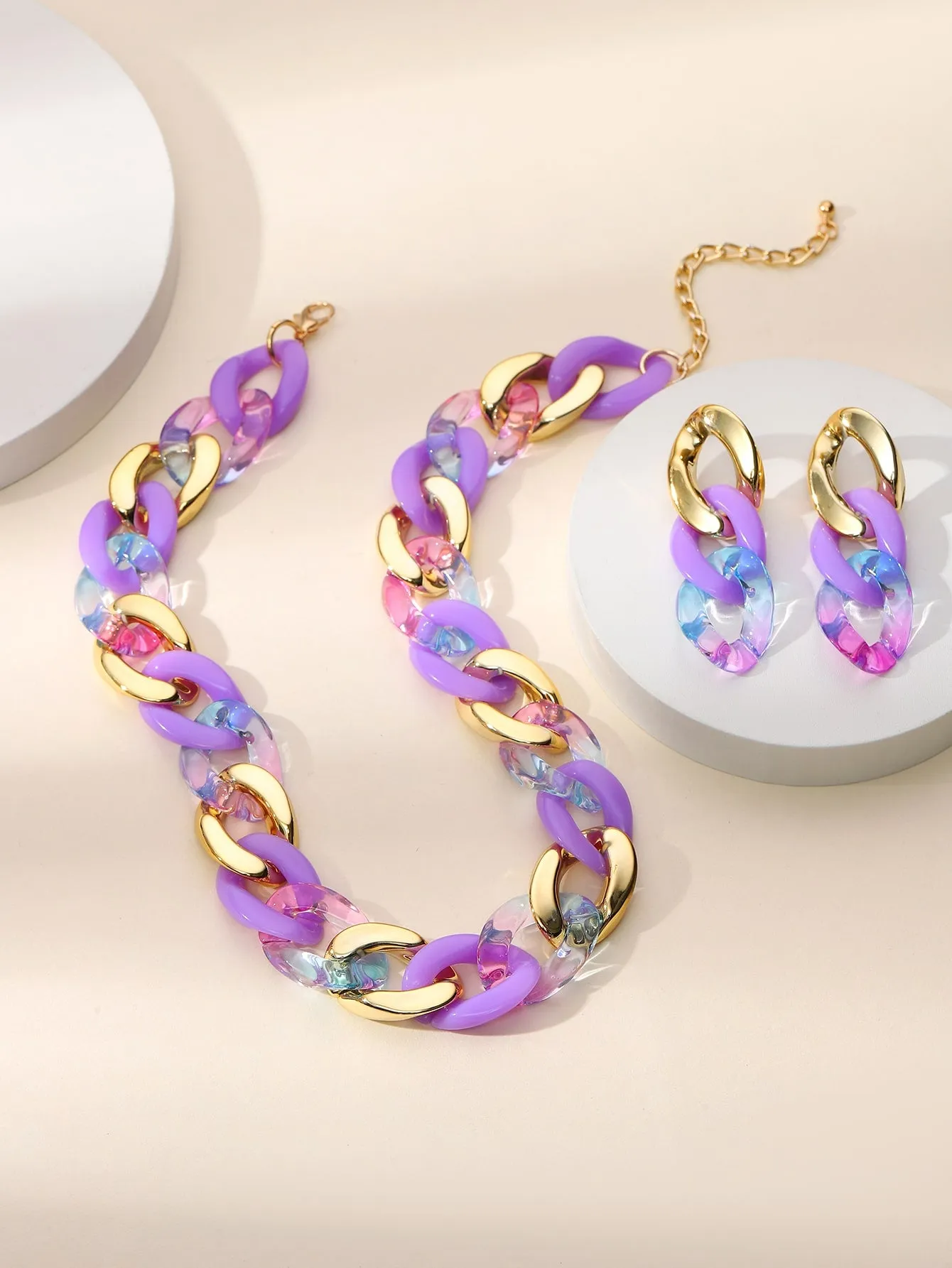 Purple and Gold Color Chain Necklace & Drop Earrings for Women Jewelry for Women