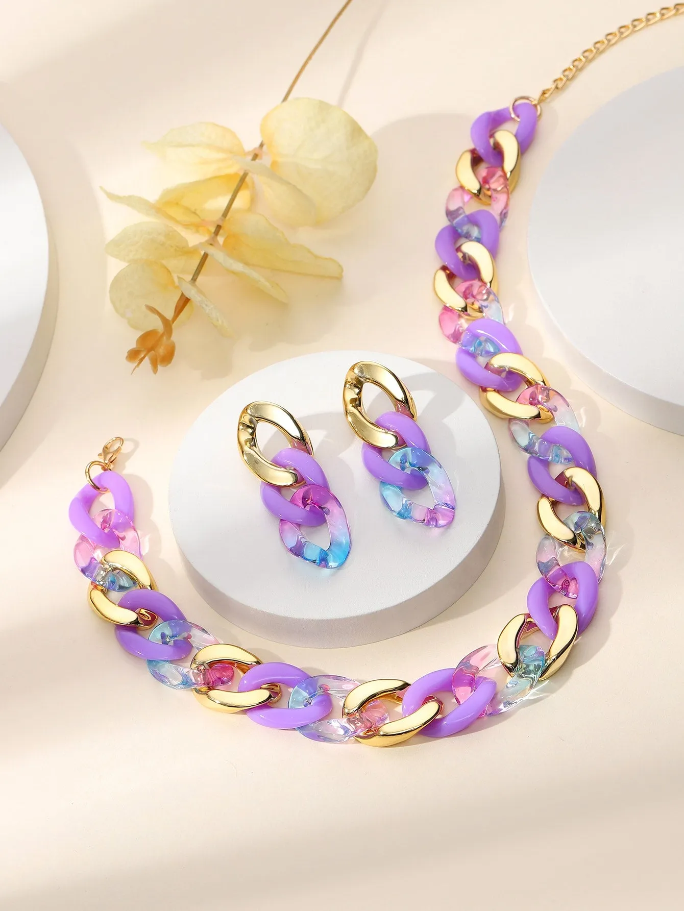 Purple and Gold Color Chain Necklace & Drop Earrings for Women Jewelry for Women