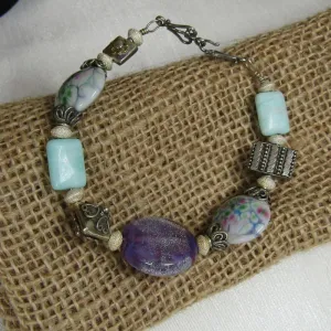 Purple, Aqua and Silver Artisan Bead  Bracelet