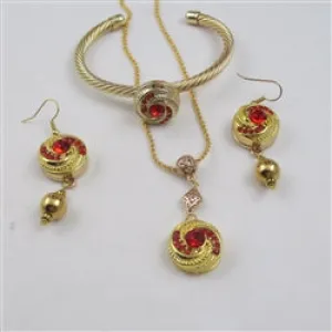 Red Crystal & Gold Pendant Necklace, Earrings & Bracelet Jewelry Set