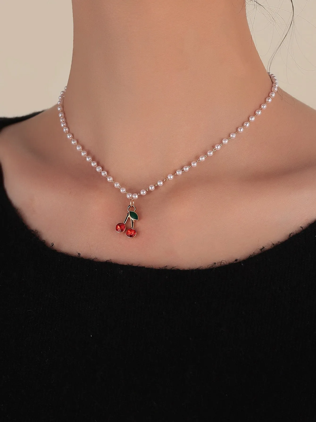 Rhinestone Faux Pearl Decor Cherry Necklace Dainty Necklace Novelty Necklace