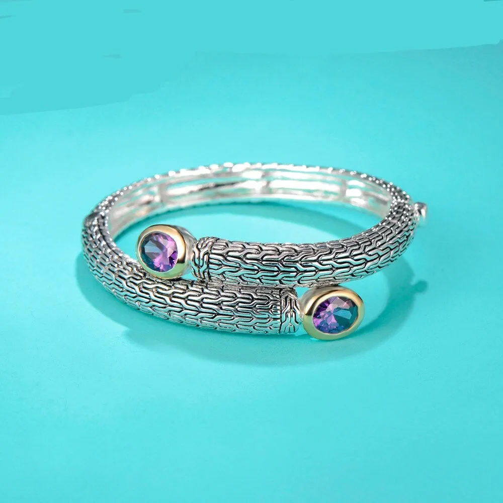 Rhodium Plated Two-Tone Amethyst Hinged Bangle Bracelet