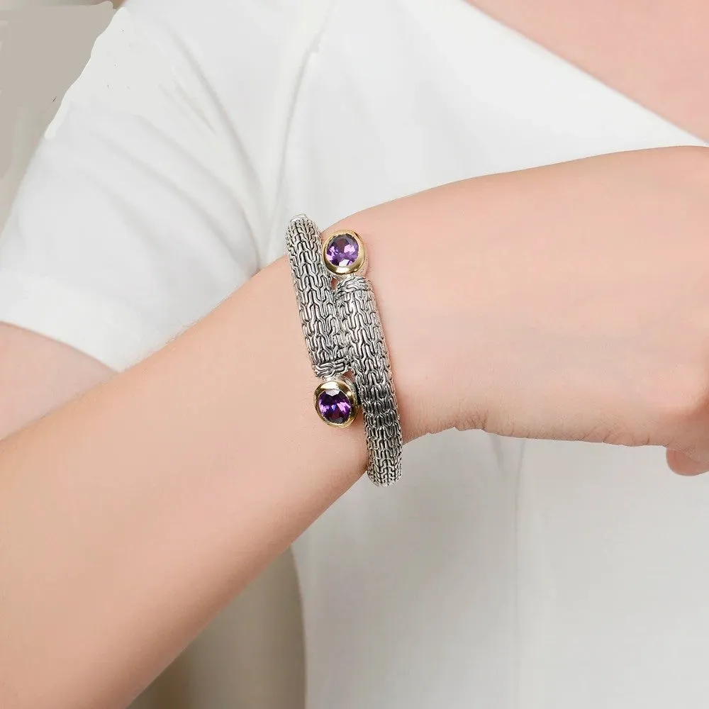 Rhodium Plated Two-Tone Amethyst Hinged Bangle Bracelet