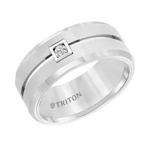 SHERWIN Center Grooved Brushed Finish White Tungsten Carbide Ring with Bevels and Round Diamond Set in a Square Bezel by Triton Rings - 9mm