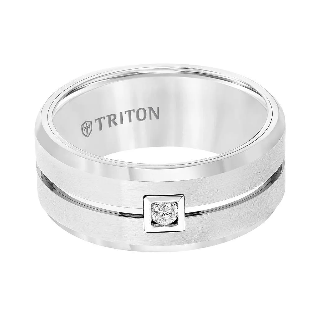 SHERWIN Center Grooved Brushed Finish White Tungsten Carbide Ring with Bevels and Round Diamond Set in a Square Bezel by Triton Rings - 9mm