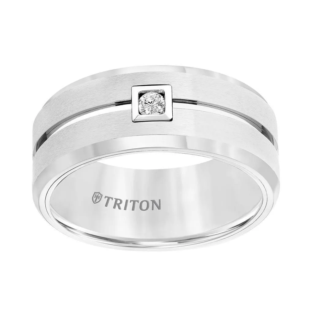 SHERWIN Center Grooved Brushed Finish White Tungsten Carbide Ring with Bevels and Round Diamond Set in a Square Bezel by Triton Rings - 9mm