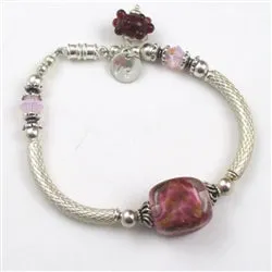 Silver Bangle Bracelet in Cherry and Cream Artisan Bead