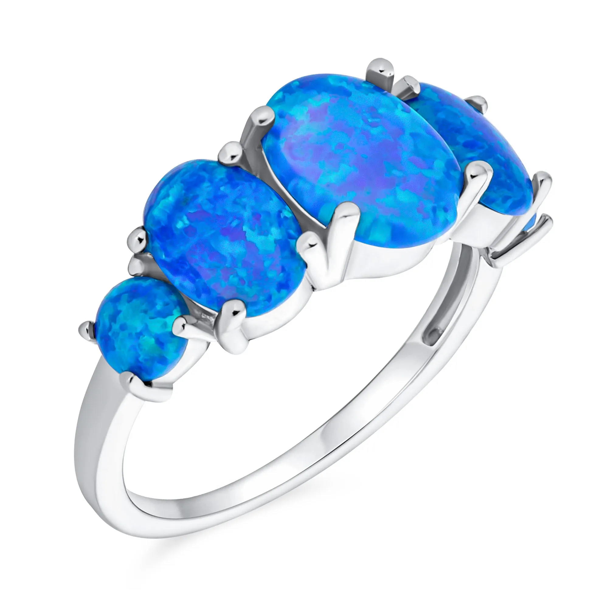 Silver Ring with 5 Oval Blue Green Created Opals Sterling Silver October Birthstone