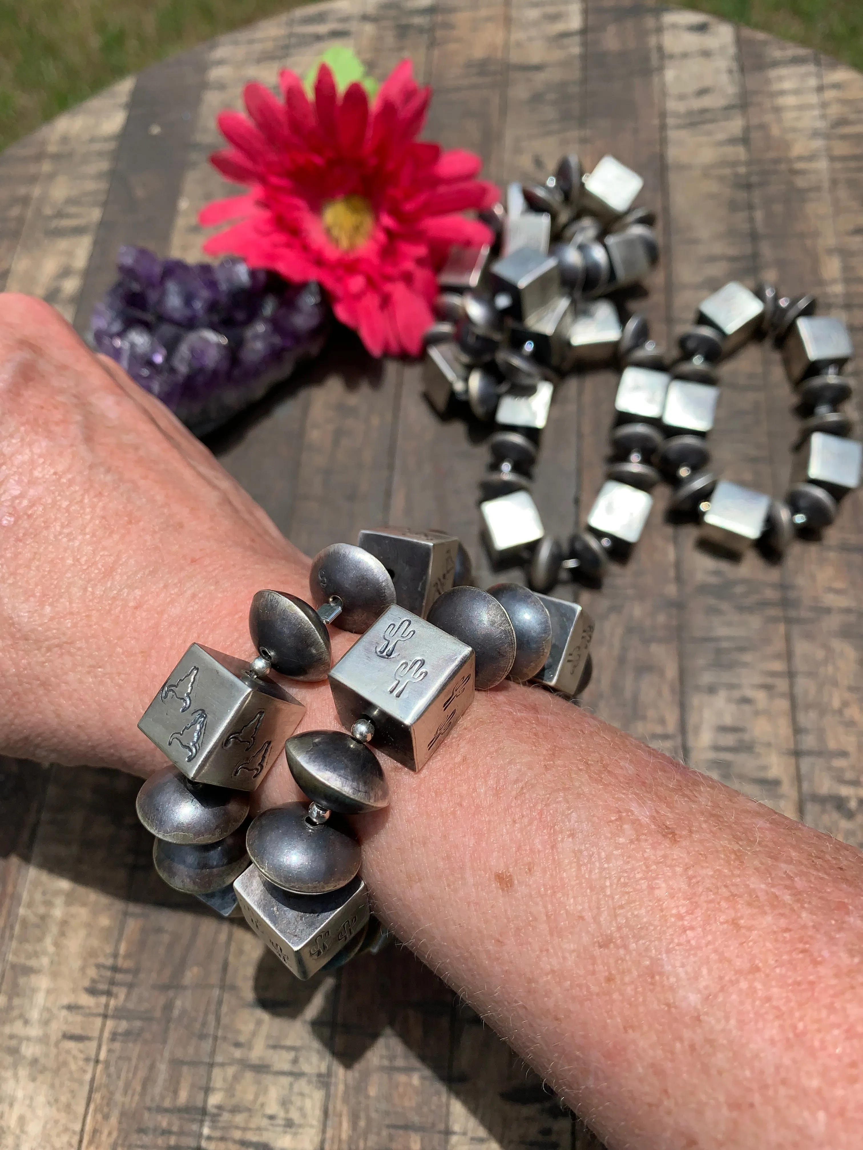 Stamped Cube Pearl Stretchy Bracelets