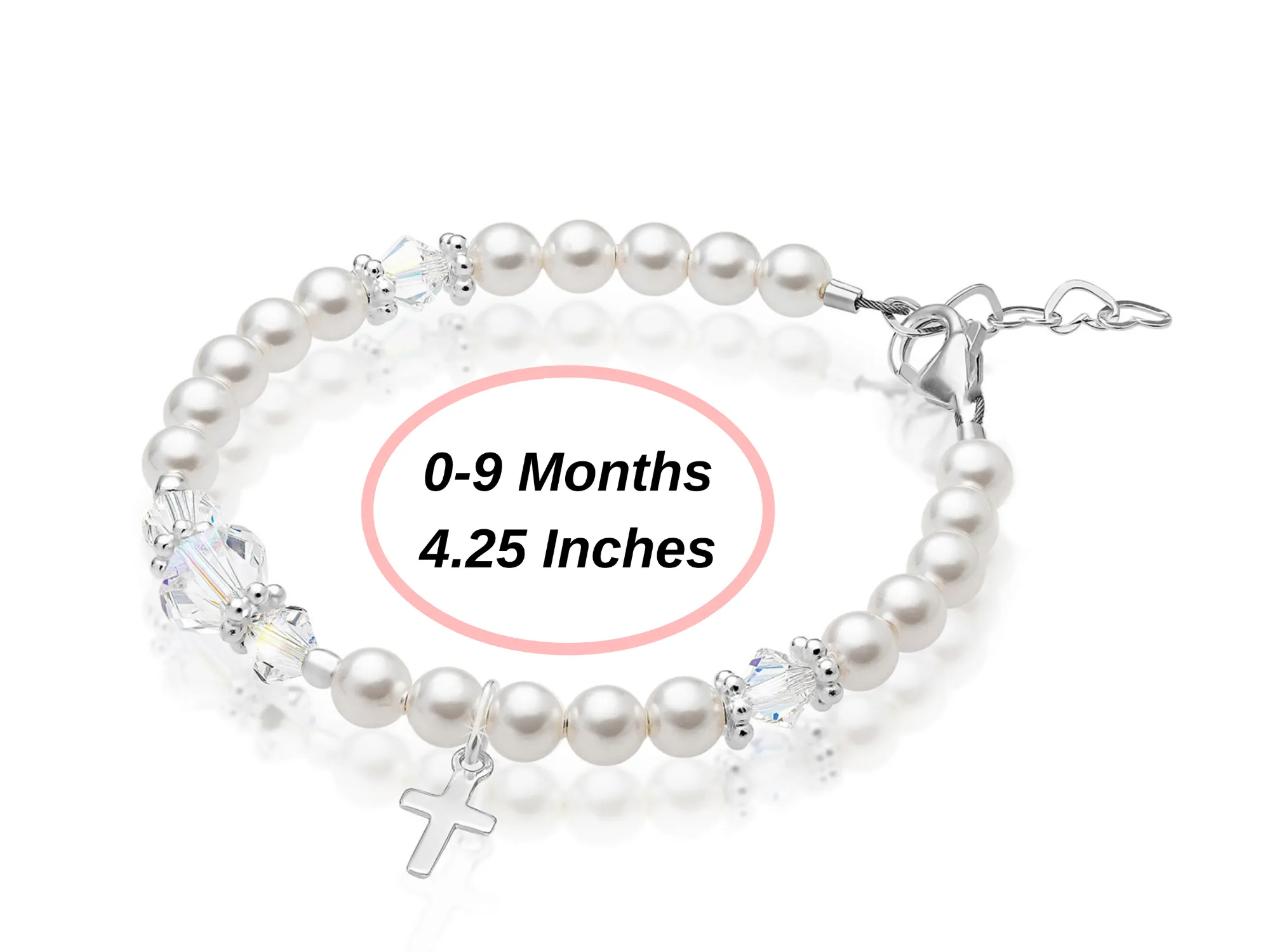 Sterling Silver Cross Baptism Bracelet for Girls - White Pearl Clear Crystals