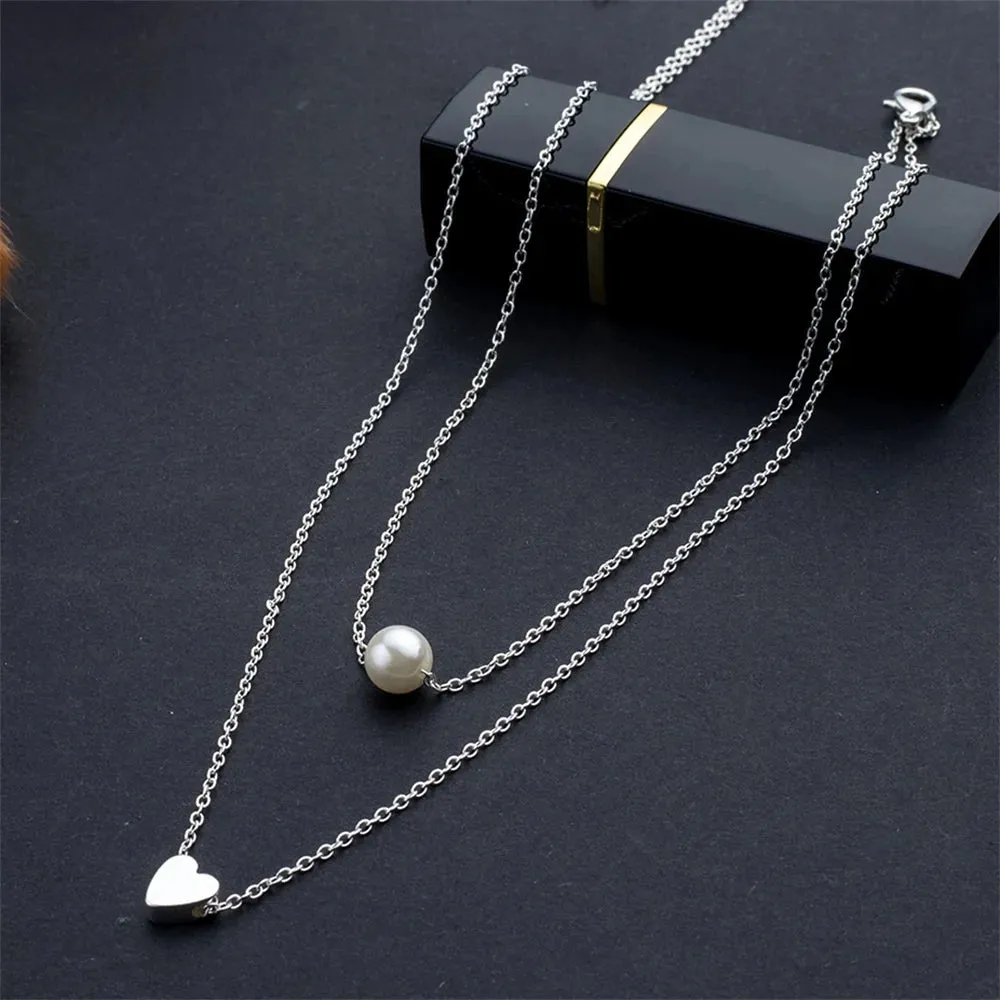 Sweet Double Layers Imitation Pearls Heart-shaped Pendant Necklace