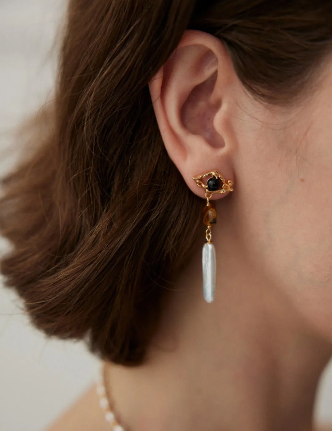 Tiger Eye Stone Long Baroque Pearl Earrings