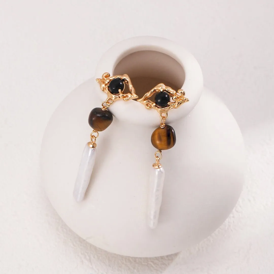 Tiger Eye Stone Long Baroque Pearl Earrings