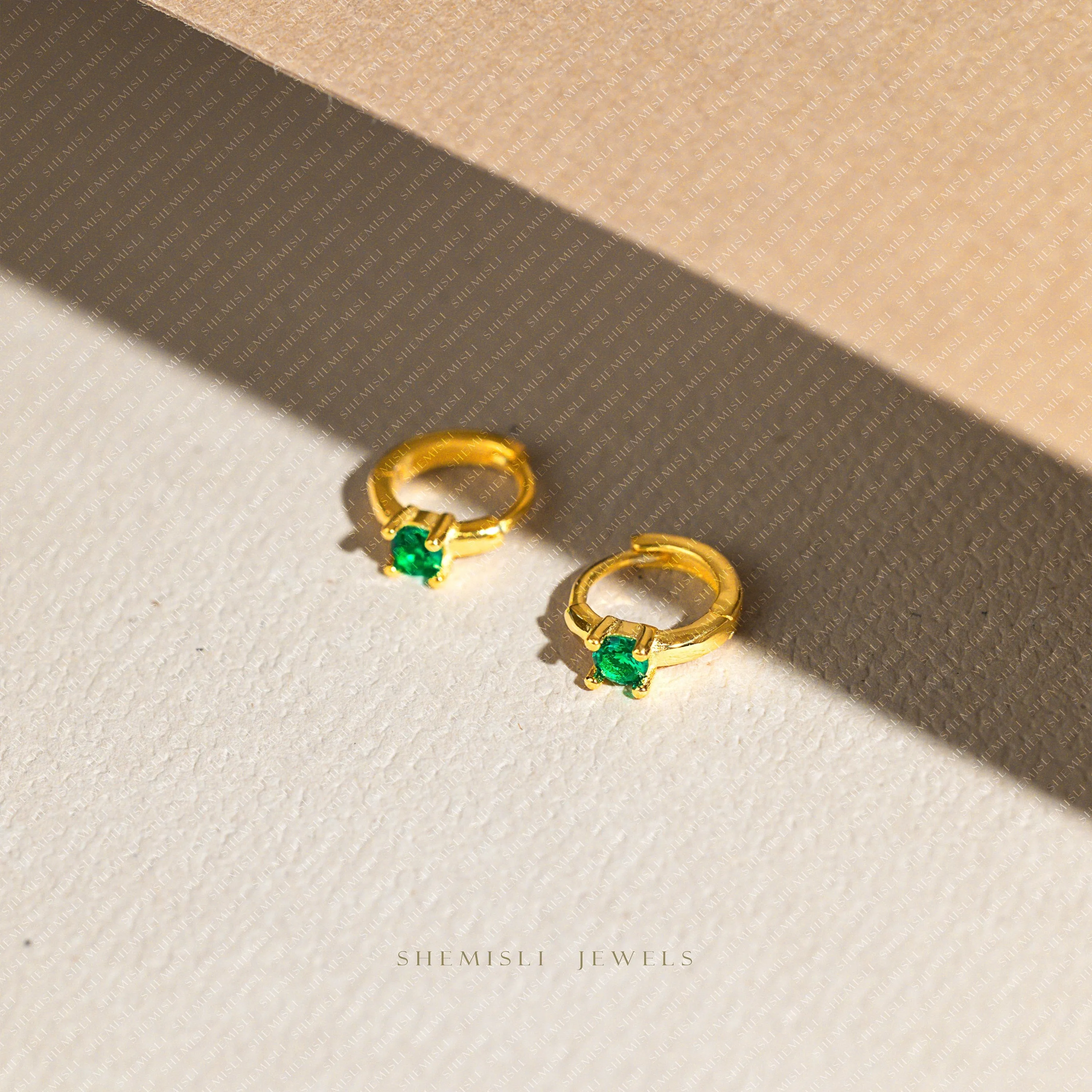 Tiny CZ Emerald Gem Helix Hoop Earrings, Unisex, Gold, Silver SHEMISLI SH626, SH627, SH628, SH629