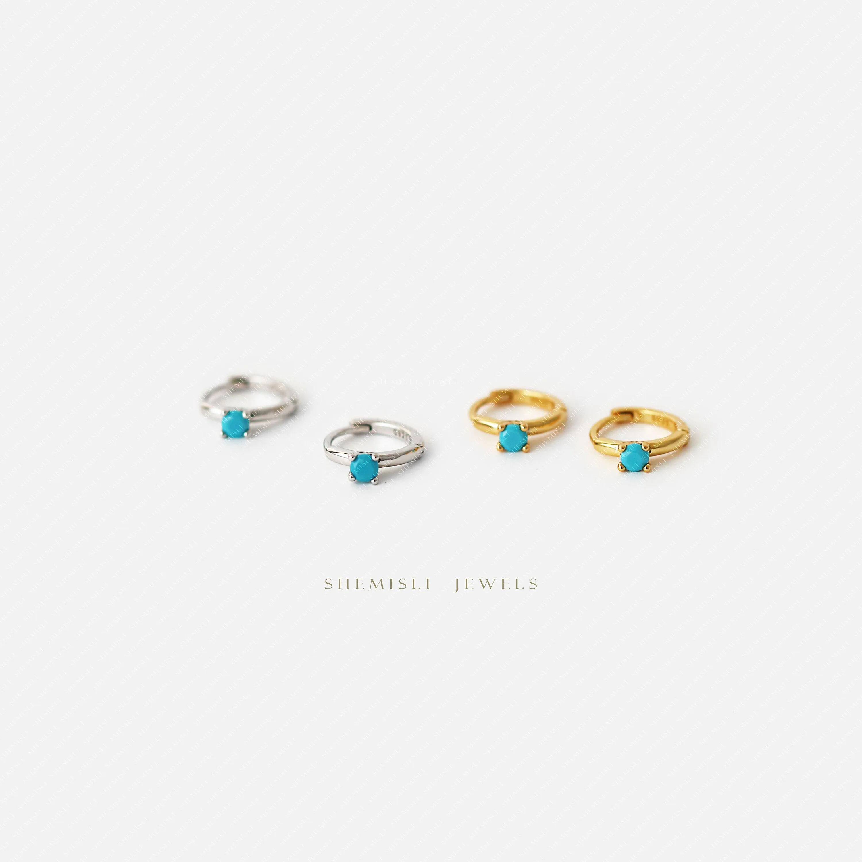 Tiny CZ Turquoise Gem Helix Hoop Earrings, Unisex, Gold, Silver SHEMISLI SH636, SH637, SH638, SH639