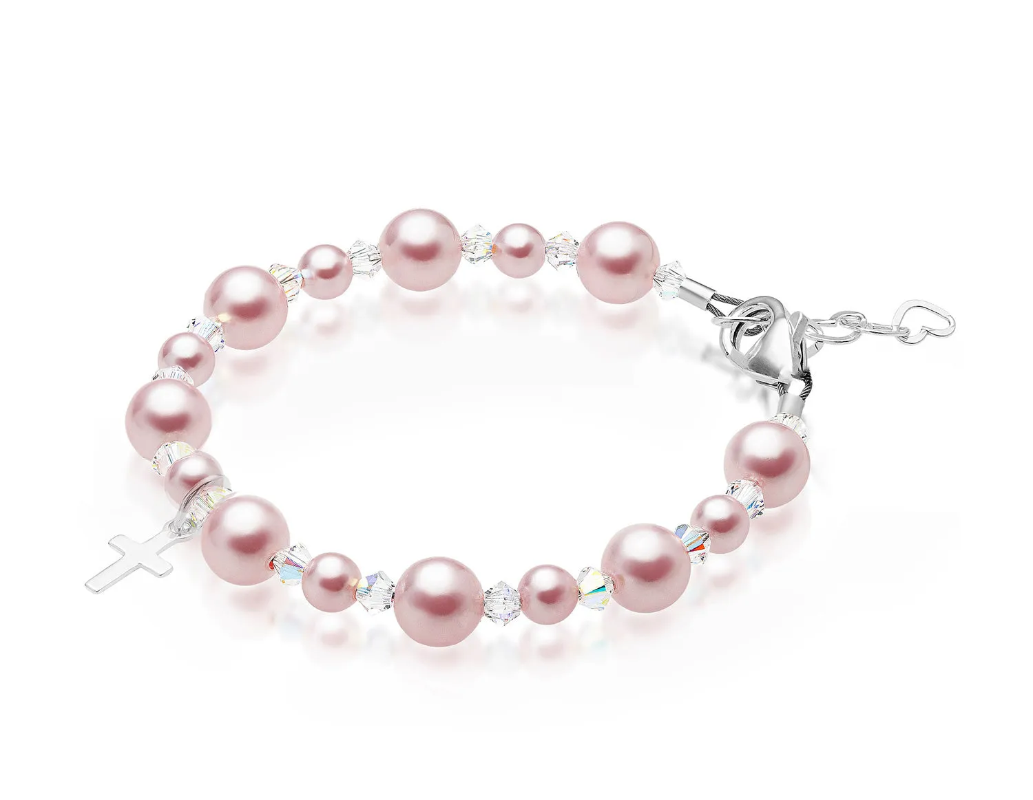 Toddler Baby Girl Baptism & Christening Pink Pearl Sterling silver Cross Charm Bracelet