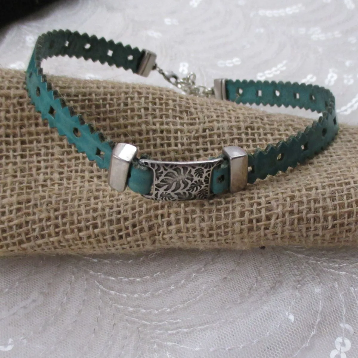 Turquoise Leather Ribbon Choker Necklace Minimalist Style