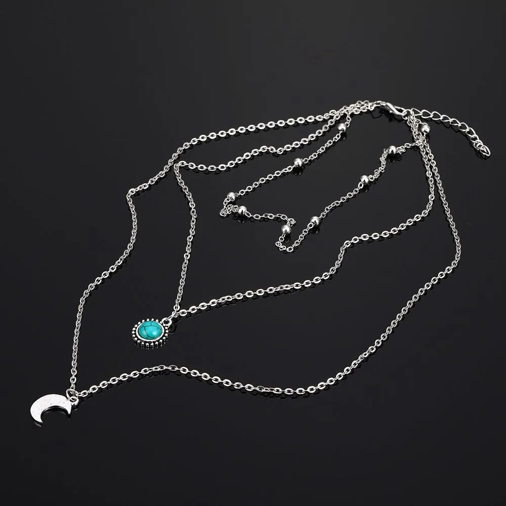 Turquoise Moon Necklace Fashionable Three-layer Chain