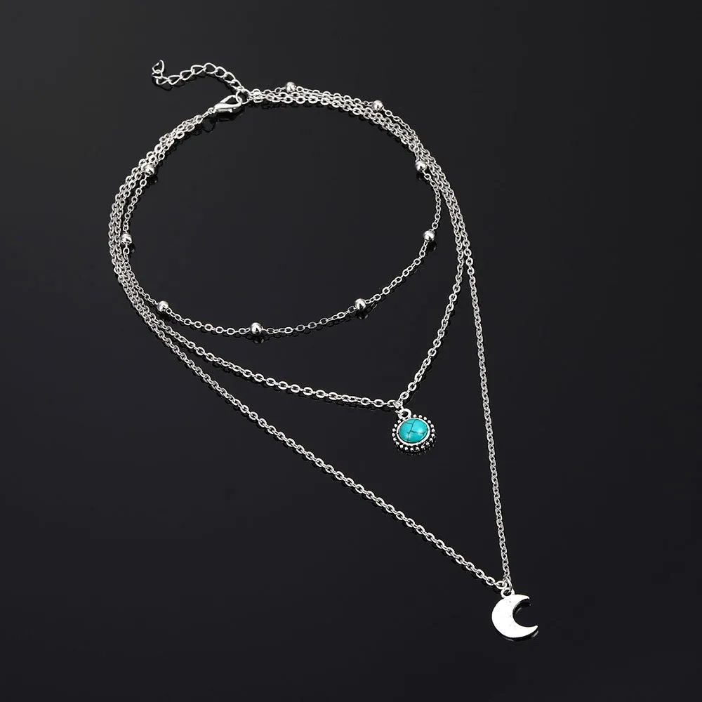 Turquoise Moon Necklace Fashionable Three-layer Chain