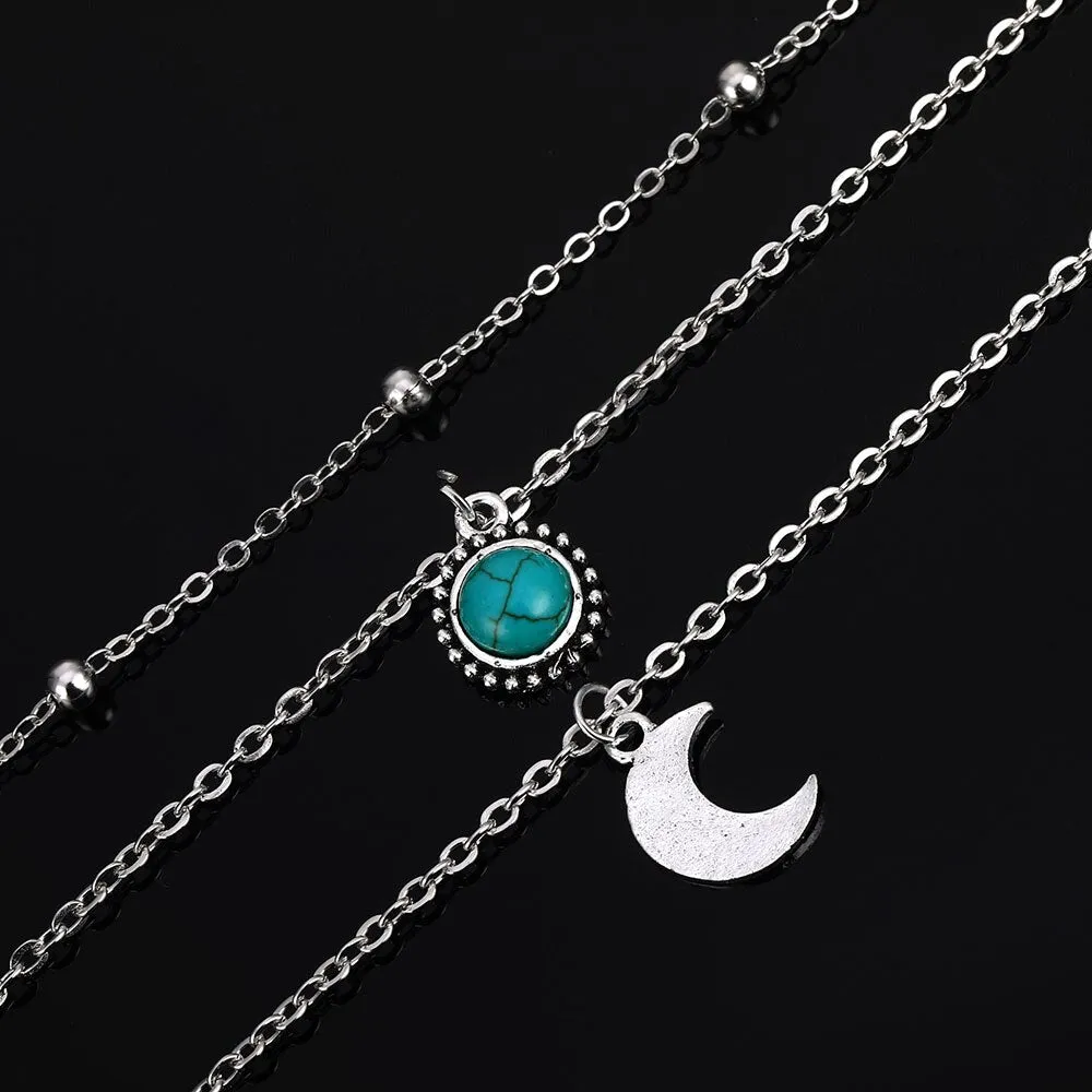 Turquoise Moon Necklace Fashionable Three-layer Chain