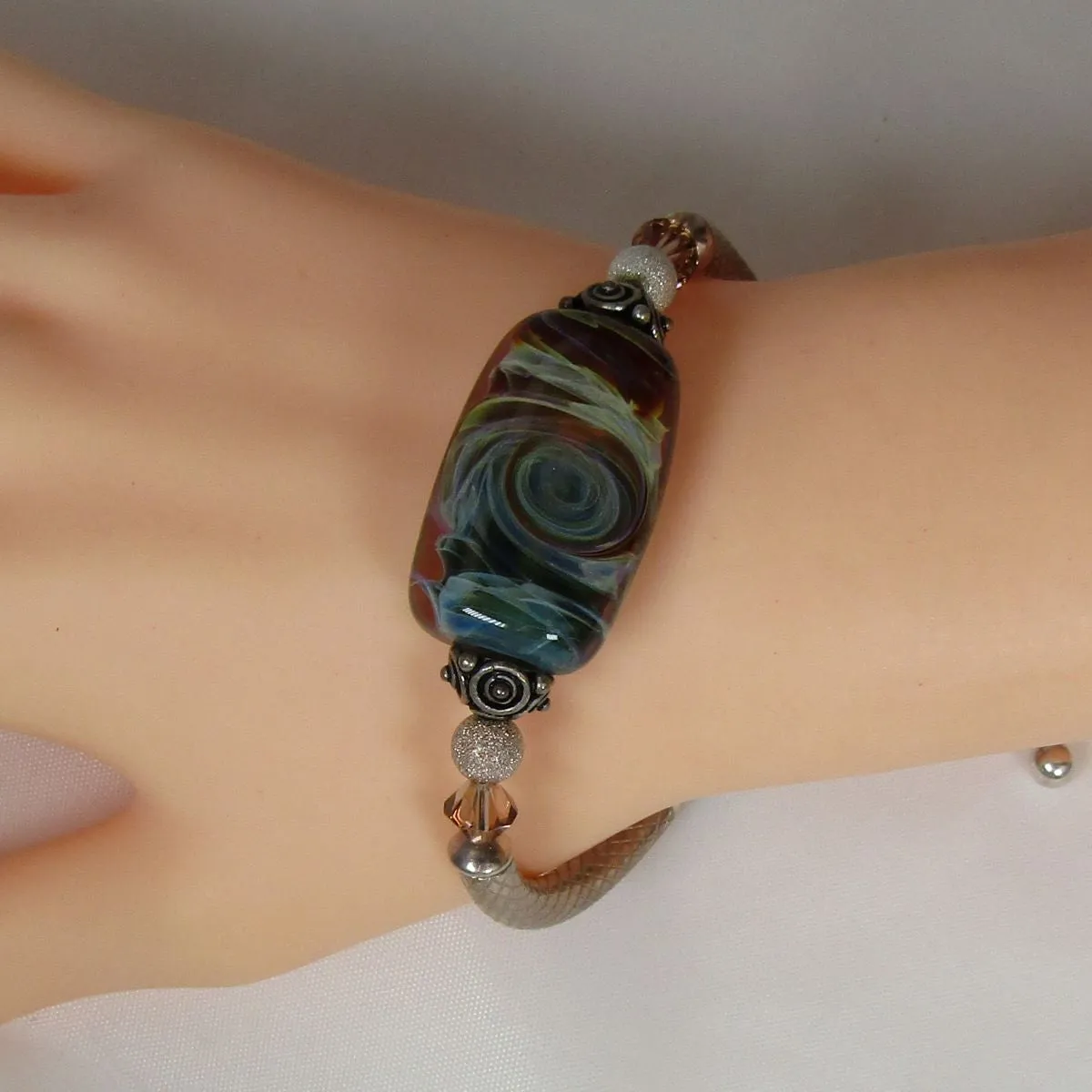 Turquoise Swirled Handmade Artisan  Bead Bangle Bracelet