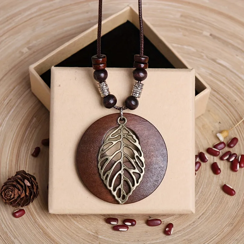 Vintage Wooden Leaf Long Necklace for Men and Women