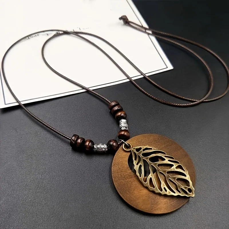 Vintage Wooden Leaf Long Necklace for Men and Women