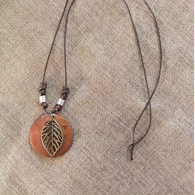 Vintage Wooden Leaf Long Necklace for Men and Women