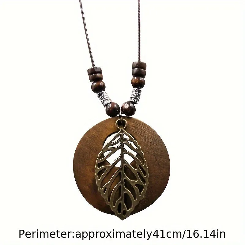 Vintage Wooden Leaf Long Necklace for Men and Women