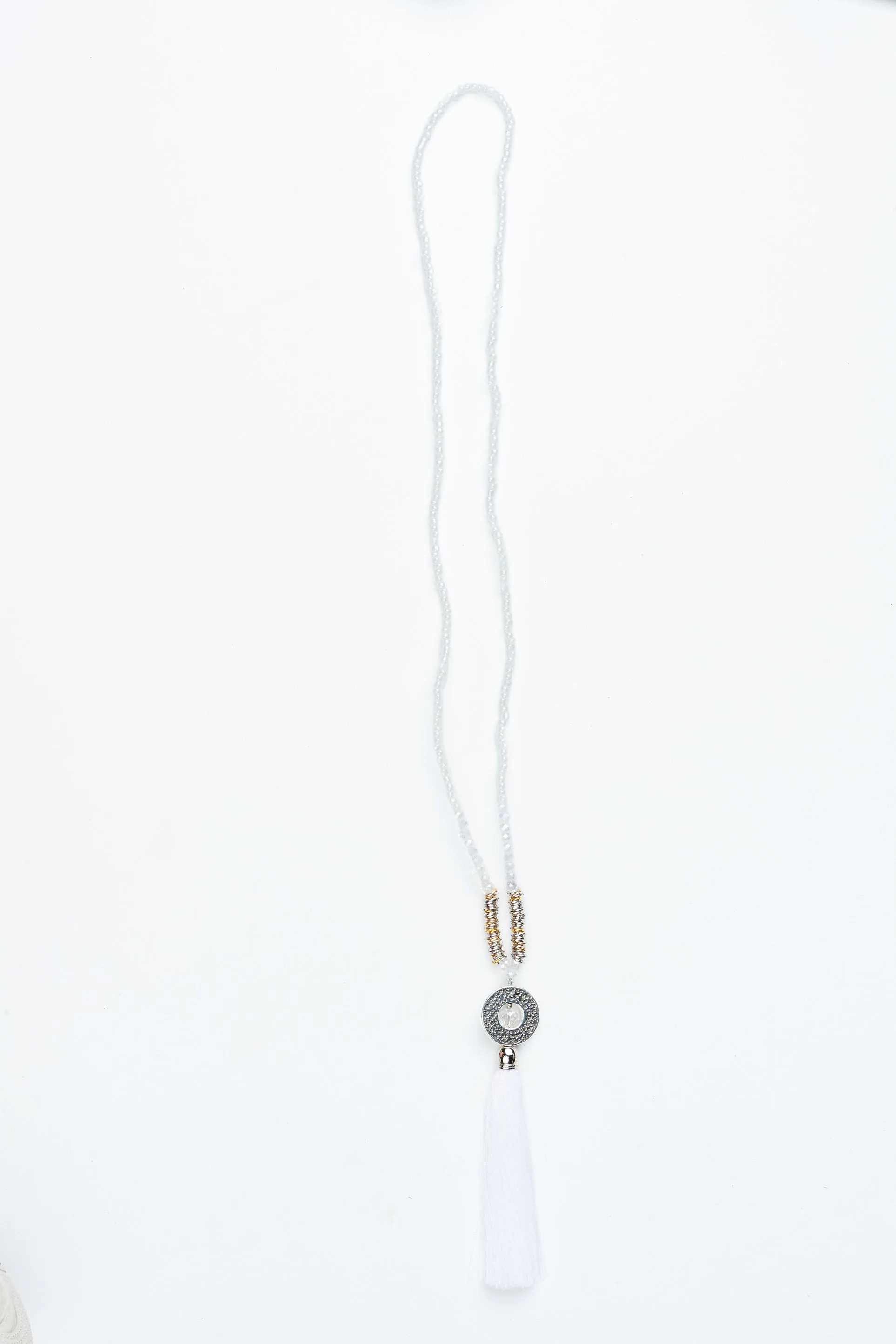 White Circle Pendant Tassel Necklace