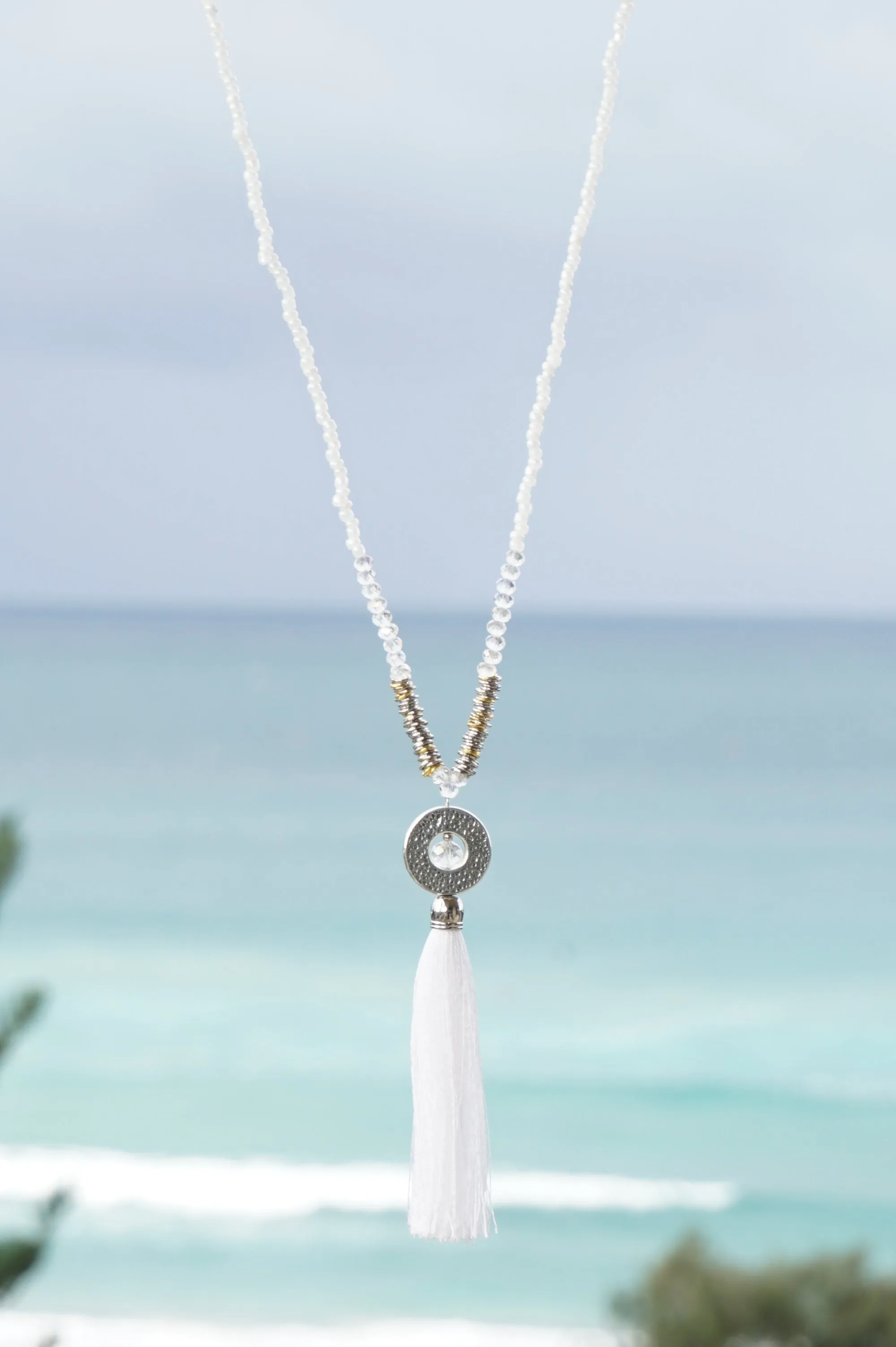 White Circle Pendant Tassel Necklace