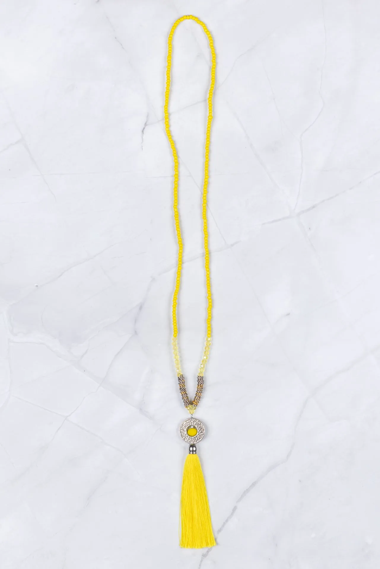 Yellow Circle Pendant Tassel Necklace