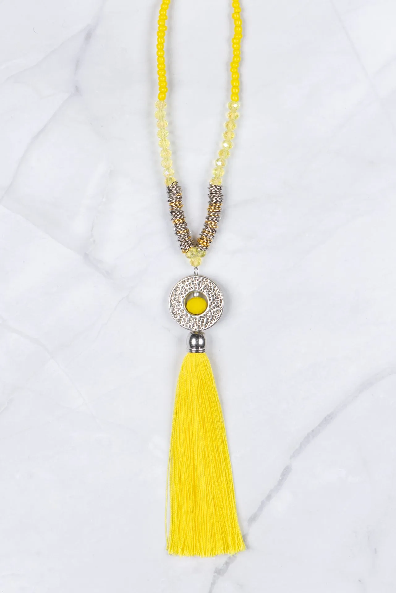 Yellow Circle Pendant Tassel Necklace