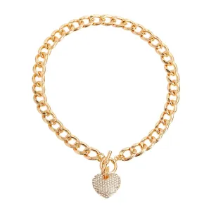 Yellow Gold Plated Link Chain Necklace Clear Heart Charm